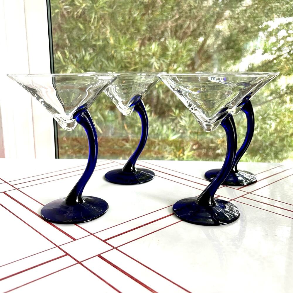 Vintage Libbey Bravura Martini Glasses Set of 4 Cobalt Blue Stem